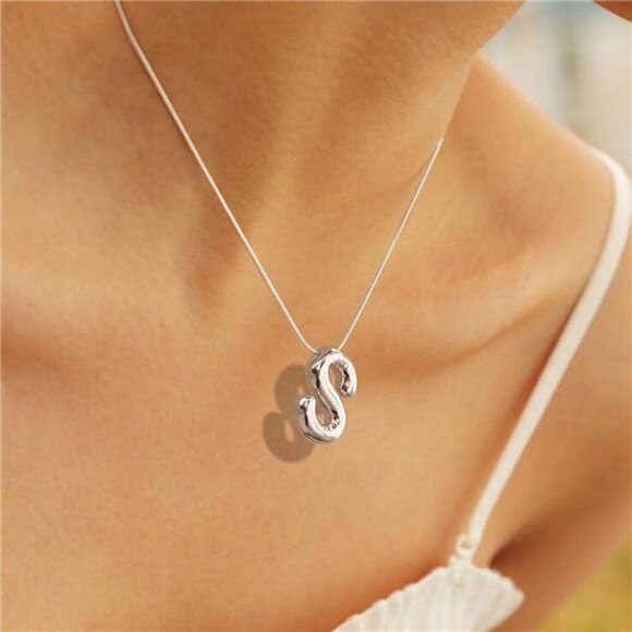 Silver Initial Pendant Necklace – Personalized Letter “B” Trendy Stuffed Bubble - Picture 4 of 6